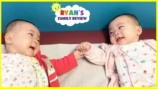Twin babies talking to each other and holding hands! Babies laughing with Ryan's Family Review Vlog