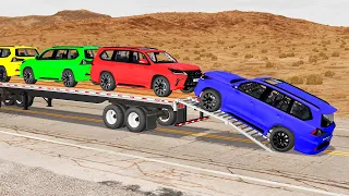 Flatbed Trailer Toyota LC Cars Transportation with Truck - Pothole vs Car #011 - BeamNG.Drive