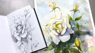 Watercolor Painting - White Rose-Use Masking Fluid and Wet on Wet Technique-Tutorial Step by Step.