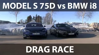 BMW i8 vs Tesla Model S 75D drag race