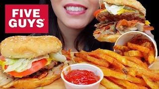 ASMR FIVE GUYS BACON CHEESEBURGER + CAJUN FRIES MUKBANG