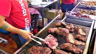 Italy Street Food. Burgers, Roasted Beef, Long Sausages and Pork Ribs on Big Grills