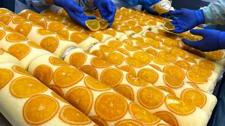 Amazing Japanese Cake Factory! Orange roll cake mass production process