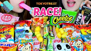 ASMR JAPANESE SNACKS RACE EATING COMPETITION (CHOCOLATE, KITKAT, MARSHMALLOW, POCKY, GUMMY, CHEETOS