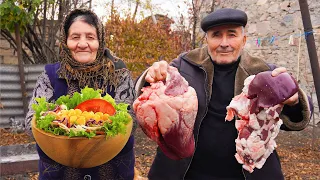 Cooking Beef Heart, Kidney and Liver in the Pot, Rural Village Life in Azerbaijan, Relaxing Video