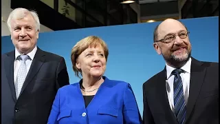 Martin Schulz, Angela Merkel und Horst Seehofer zum Abschluss der Sondierungen