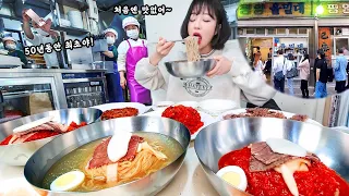 First Time Trying Pyeongyang Naengmyeon😰 Cold Buckwheat Noodles with Beef Broth Mukbang!