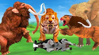 Giant Tiger Attacks Cow Cartoon Saved By The Big Bull Elephant Woolly Mammoth VS Saber-Toothed Tiger