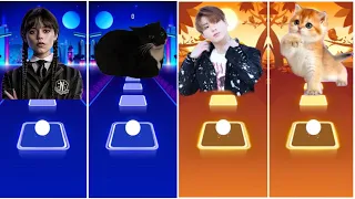 Wednesday vs Maxwell Cat Lady Gaga Bloody Mary vs BTS Group vs BTS Dynamite Cute Cat Goes Tiles Hop