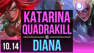 KATARINA vs DIANA (MID) | Quadrakill, 2 Triple Kills, 14 solo kills | EUW Diamond | v10.14