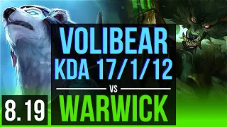 VOLIBEAR vs WARWICK (JUNGLE) | KDA 17/1/12, 500+ games, Legendary | NA Diamond | v8.19