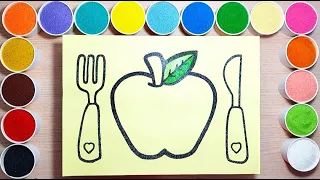 Sand painting coloring apples and cutlery for children | Sand painting