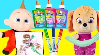 3 Marker Challenge and 3 Glue Slime Challenge with Jack Jack vs Paw Patrol Skye Compilation