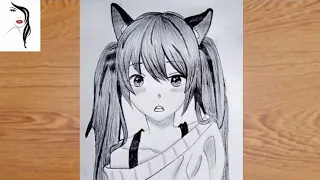 Anime Girl Drawing Tutorial for beginners by One pencil | | How to draw anime girl