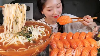 🥶시원한 냉우동 연어초밥 먹방:) Cold Udon Salmon Sushi Mukbang