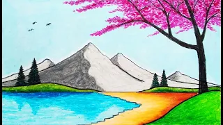 How to Draw Easy Scenery | Drawing Spring Season in the Beach Scenery Step by Step