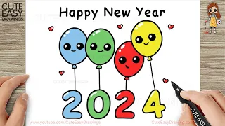 How to Draw Happy New Year 2024  Balloons - Easy Drawing and Coloring for Kids and Toddlers