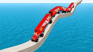 Monster Mack Truck With Many Trailers vs Impossible Wave Bridge Crossing Cars Vs Deep Water -BeamNG
