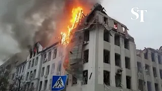 Kharkiv police building engulfed in flames after Russian missile strike