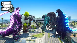 Shin Godzilla, Giant Shrek, Female Muto Vs Heisei Godzilla, WereWolf, Leatherback ( GTA V Mods )