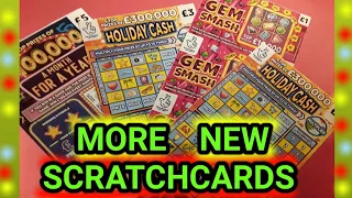 NEW NATIONAL LOTTERY SCRATCHCARDS.."HOLIDAY CASH".."GEM SMASH"..£100,000 MTH FOR YEAR..GET FRUITY