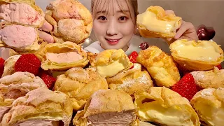 ASMR Crispy Cream Puff Custard and Strawberry【Mukbang/ Eating Sounds】【English subtitles】