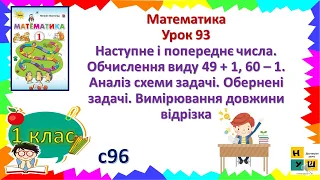 Математика 1 клас Урок 93 Наступне і попереднє числа. Обчислення виду 49+1, 60–1.Аналіз схеми задачі