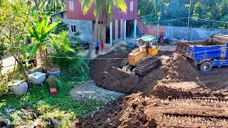 AMAZING 100% COMPLETE OF THE PROJECT WITH DOZER KOMAT'SU D31P PUSING SOIL FAST AND 5 TON TRUCKS