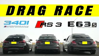 Tuned Mercedes E63S AMG Takes on Tuned Audi RS3 and Tuned BMW 340i M Performance. Drag And Roll Race