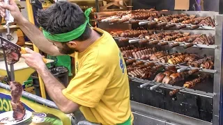 Brazil Street Food. Huge Churrascaria of Pork Loin, Picanha and More Roasted Meat. Italy Fair