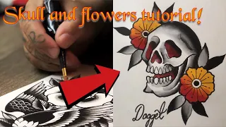 How to draw a skull and flowers tattoo