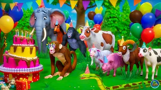 Monkey's Magical Jungle Birthday Bash - Animals Enjoying the Cake Party | Cow Elephant Pig Cartoons