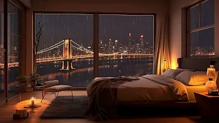 Cozy Bedroom Ambience with Piano Jazz Music - Warm Jazz Music & Rain Sounds to Relax and Deep Sleep