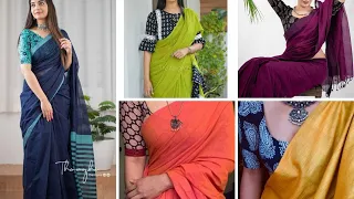 Plain cotton saree blouse designs|| Plain cotton saree with contrast blouse designs|| Simple sarees