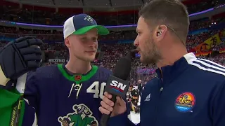 Bieksa Interviews Canucks Petey After Hardest Shot Win