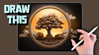 3D TREE IN A CIRCLE FRAME - procreate drawing tutorial made easy