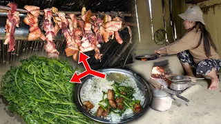 Fiddlehead + Pork Mix Recipe Cooking & Eating in Village kitchen | Niguro Recipe | Village life vlog