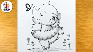 How to draw Happy Baby Elephant With butterfly