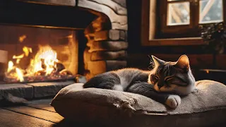 Relaxing Crackling Fireplace With Purring Cat. Sleep in Cozy Winter Ambience With Burning Fire Sound