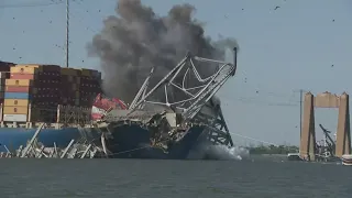 Crews conduct controlled demolition to remove wreckage from the Baltimore Key Bridge