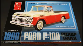 ALL NEW! FIRST LOOK! 1960 Ford F100 V8 Pickup with Trailer 3n1 1/25 Scale Model Kit Review AMT 1407