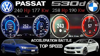 2016 VW Passat B8 2.0 BiTDI vs 2014 BMW 530D F10 acceleration battle 0-250 kmh