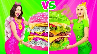 RICH PINK VS BROKE GREEN FOOD CHALLENGE || Color Battle Rich vs Poor Girl! Taste Test by RATATA