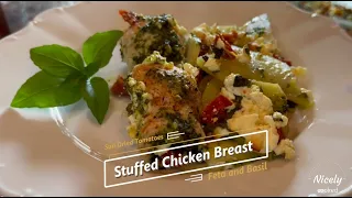 Stuffed Chicken Breast with Feta, Sun-Dried Tomatoes and Basil: Pesto potatoes as a side dish!