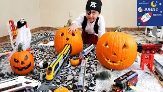 Johny's Giant Halloween Wooden & Lego City Track Layout With MTA Munipals Subway Train Toys