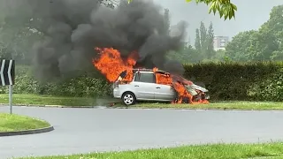 Dramatic scenes as car bursts into flames in Harlow