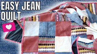 HOW TO MAKE A JEAN QUILT (Beginner Sewing) Easy Denim Quilt Tutorial Using Old Jeans