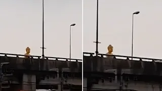 Giant Gold Buddha Hovers On Road