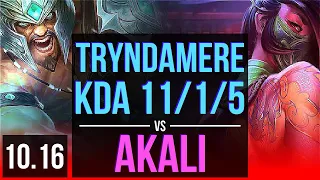 TRYNDAMERE vs AKALI (TOP) | Rank 10 Tryndamere, KDA 11/1/5, Legendary | EUW Grandmaster | v10.16