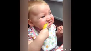 Дети пробуют лимоны и огурцы